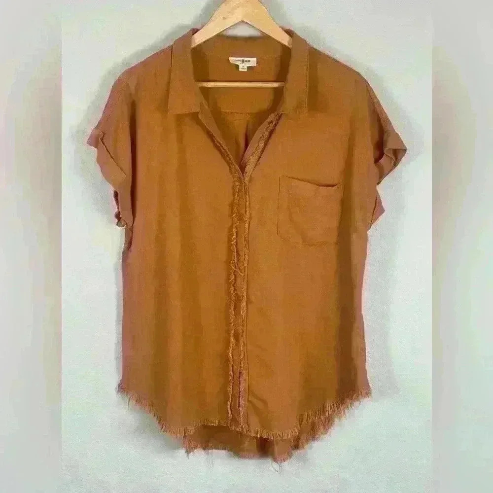 Umgee Top Orange Oversized Short Cuffed Sleeve Linen Button Up Women’s Medium